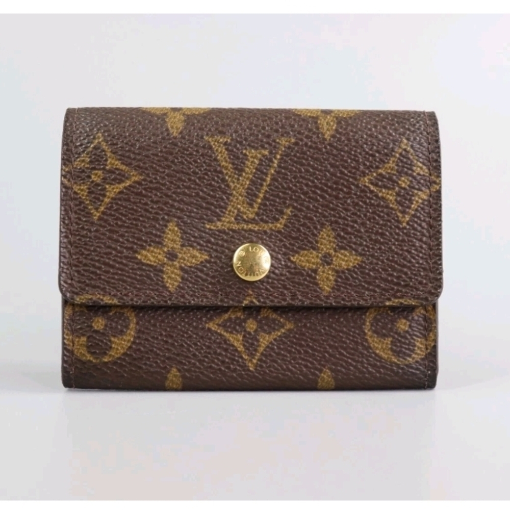 Authentic Louis Vuitton Porte Monnaie Plat Coin Purse Case Monogram Wallet Brown